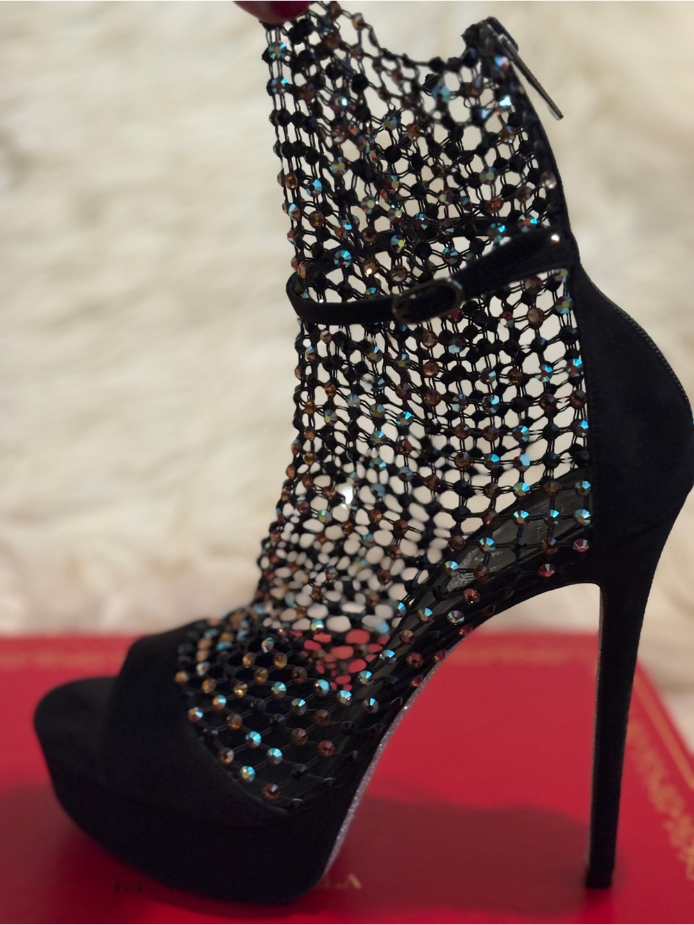 Rene Caovilla Black Mesh Swarovski Crystal High-Heel Platform Sandals